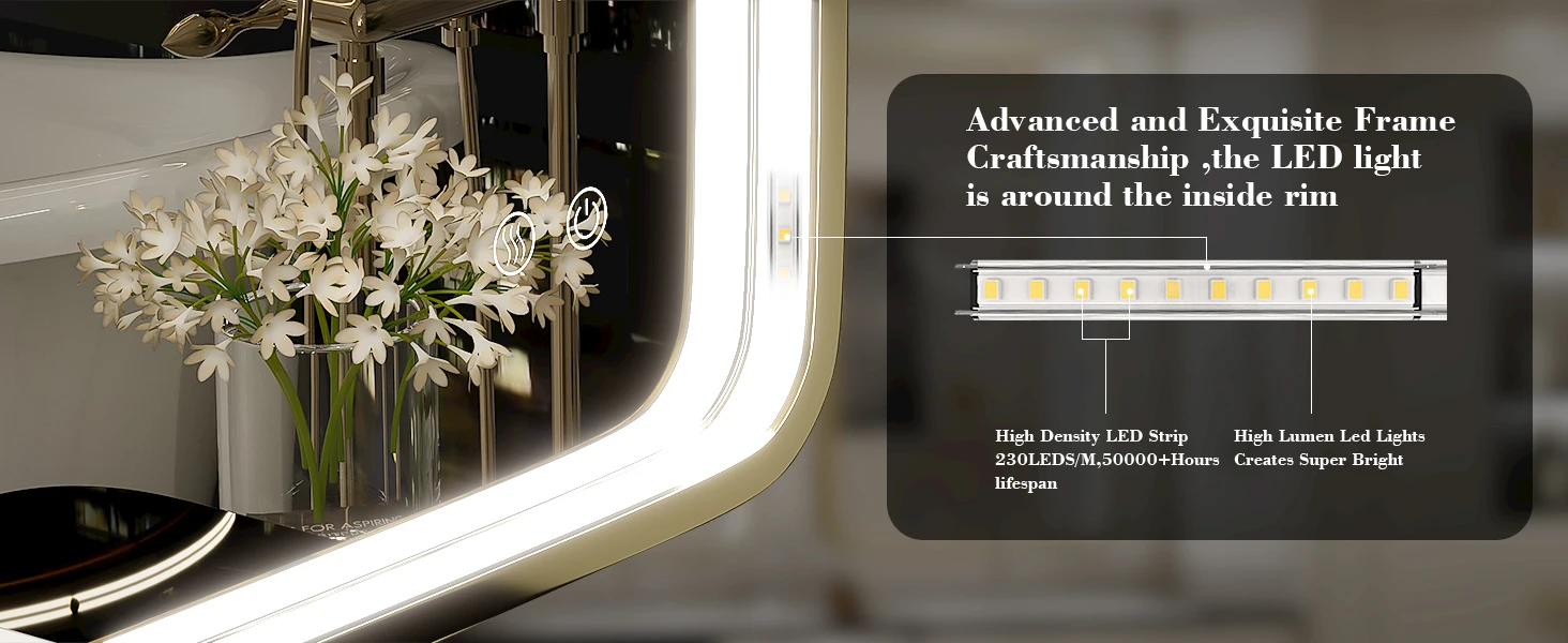 Description Picture 6 of item24x36 Inch LED Bathroom Vanity Mirror with lights,Wall Mounted Lighted Mirrors with Non-Rusting Gold Metal Frame
