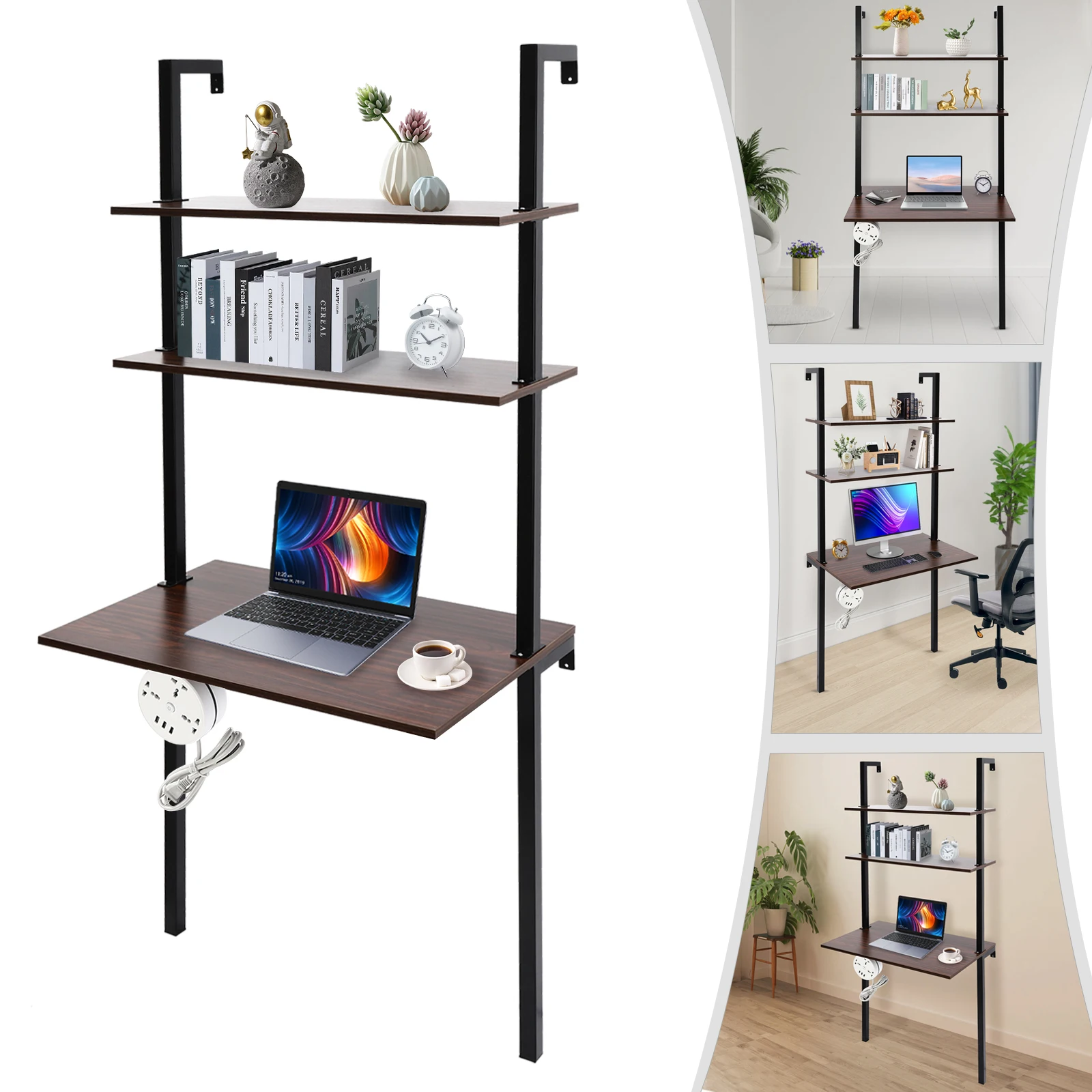 Wall Mount Desk 3 Tiers Computer Writing Table Laptop Industrial Bookcase Floating Pipe Ladder with Shelf for Home Office School 6