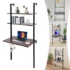 Wall Mount Desk 3 Tiers Computer Writing Table Laptop Industrial Bookcase Floating Pipe Ladder with Shelf for Home Office School 6