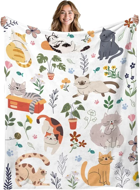 1PC Handdraw Cute Cats pattern Throw Thin Blanket Gifts for Couch Bed Car Home Camping For Cute animals Lovers all season use