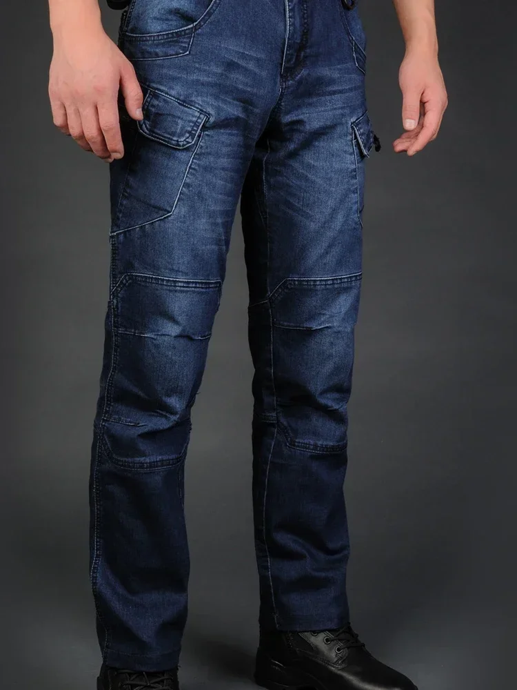 Training Tactical Denim Pants Men Loose Elastic Trousers