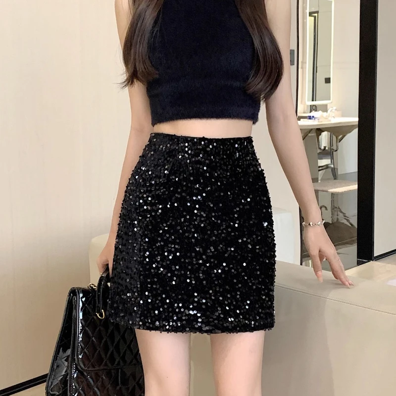 

Черная мини-юбка с блестками, Женская корейская мода, пикантная облегающая трапециевидная Серебристая короткая юбка с блестками и высокой талией, Женская юбка