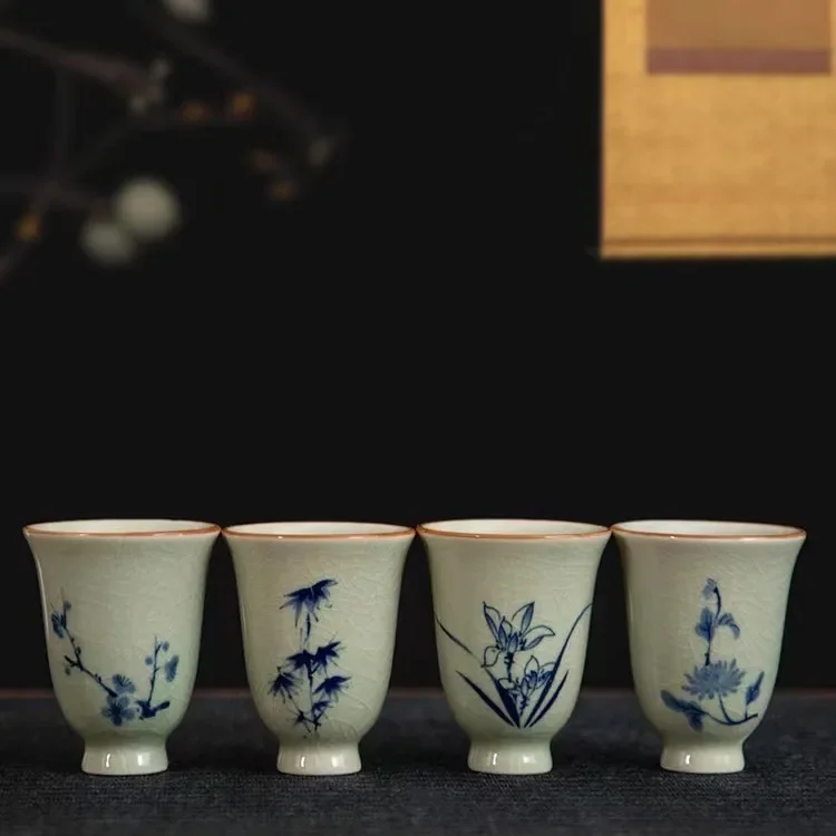 Chinese Ceramic Tea Cup Orchid Bamboo Chrysanthemum Beauty Plum Teaware Kitchen Dining Bar Pottery Grackle Glaze Teacups