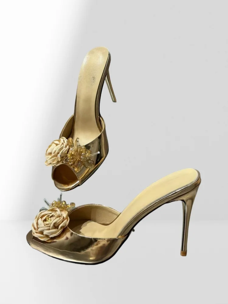 Golden Pointed Peep Toe Thin Heels Spring New Women Slippers Rose Crystals Decor Heels Elegant Banquet Dress Lady Shoes