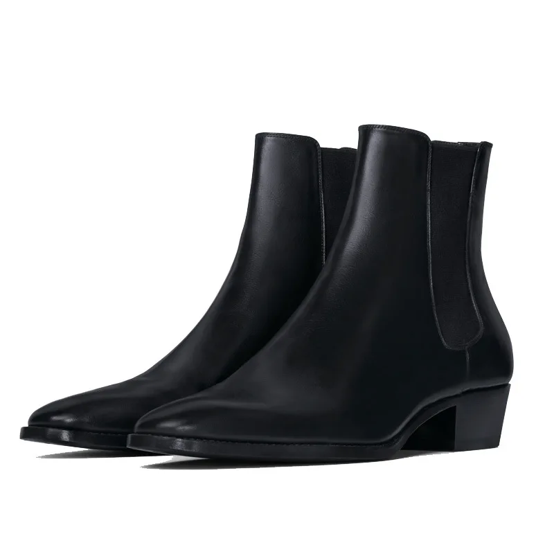 Men Chelsea Boots Handmade Cowhide Black Fashion Business Casual Classic Mid-heel men chelsea boots
