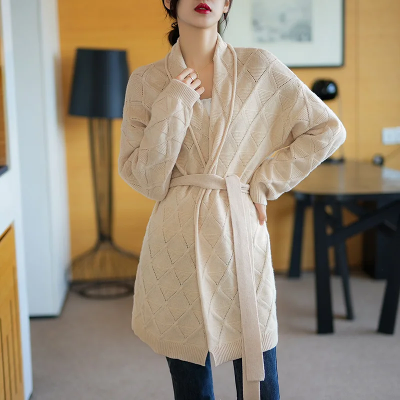 Autumn and Winter New Women's Cashmere Knitted Cardigan with Lapel Solid Sweater Medium Length Diamond Pure Wool Coat