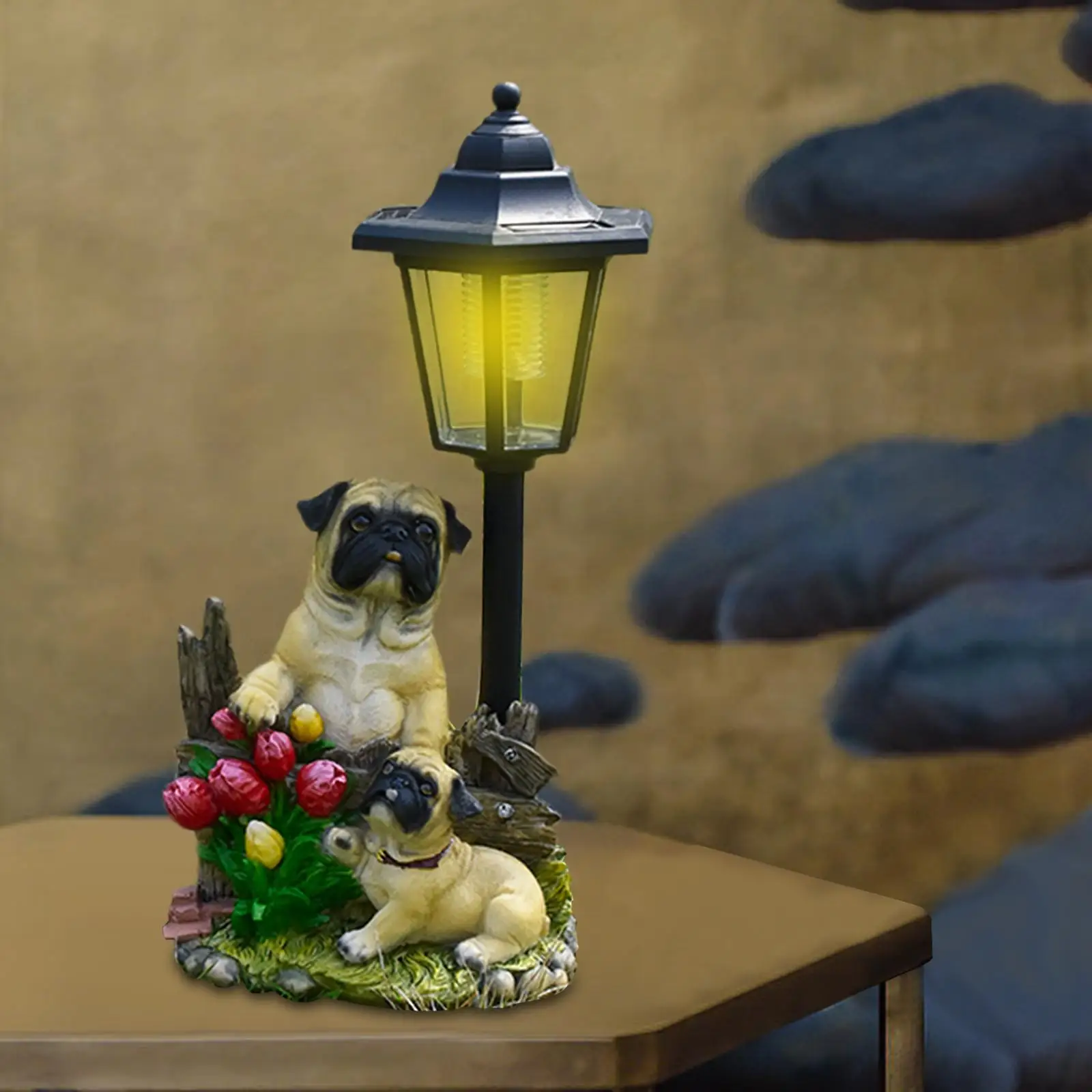 https://ae01.alicdn.com/kf/S3b9ca28e77dd4e11bd670033f41b3f9b4.jpg Patio Dog Figurine Solar Powered Light 15x12.5x34cm Waterproof Cute Resin