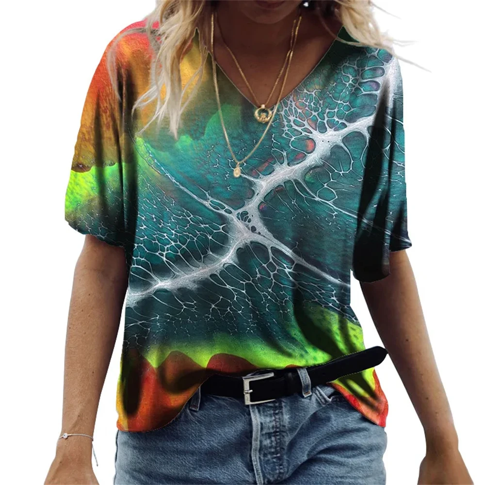 

Refreshing Summer Fashionable Women's Clothing Oil Painting Pattern T-Shirt 3d Printed V-Neck Sports Casual Short Sleeved Top