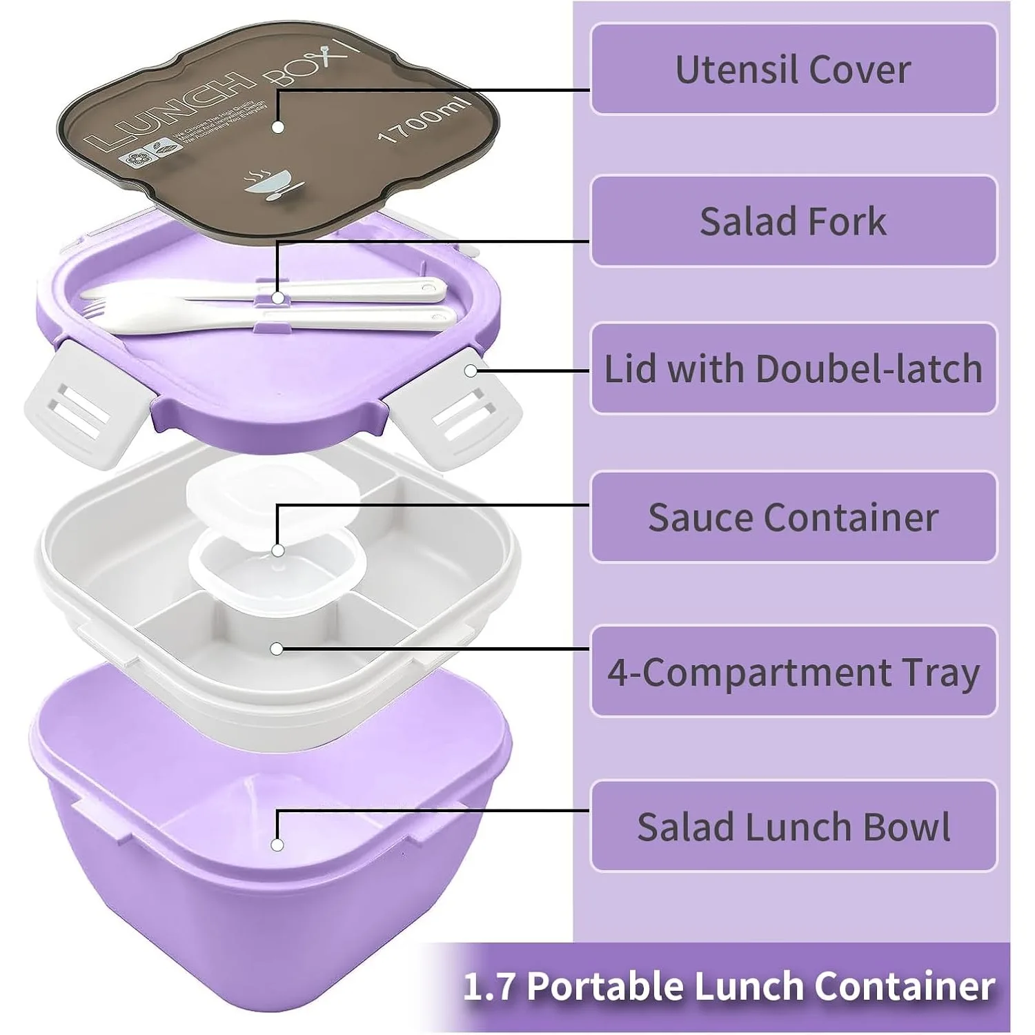 Salad Lunch Containers for Adults with Portable Bag,60oz/1.7L Large Plastic Salad Bowls, 4-Compartment Tray & a Sauce Cup