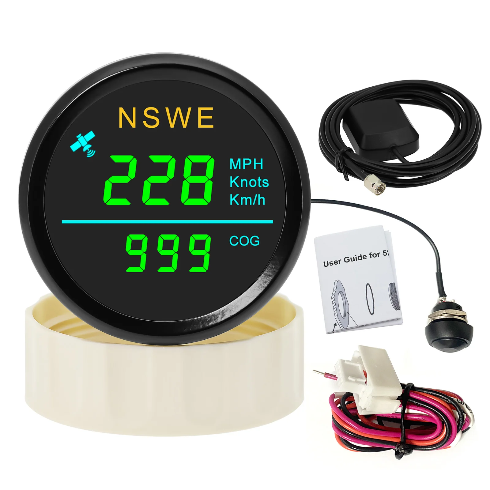 범용 자동차 보트용 NSWE, 0 299 KMH 매듭, MPH 52mm GPS 속도계 게이지, 안테나 포함, 녹색, 흰색, 적색, 12V, 24V, 신제품