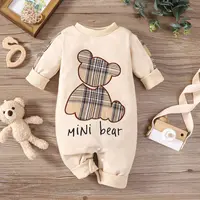Hey Baby Spring and Autumn New Newborn Babies for Boys and Girls Plaid Patch Bear Long Sleeves Can Open One-piece Romper Clothes 4