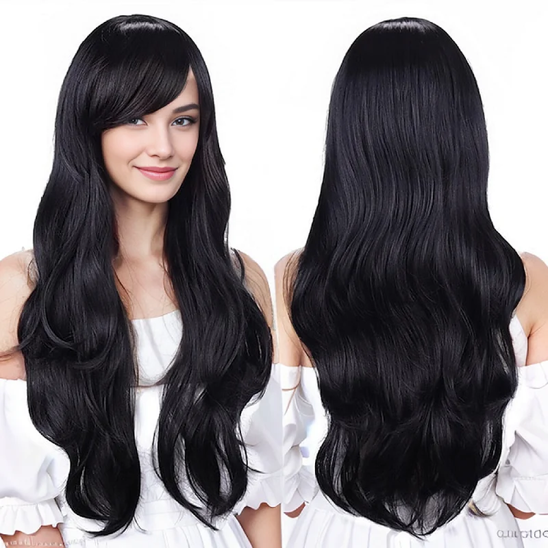 Synthetic Hair Wigs 28 inch colored anime long straight slanted bangs