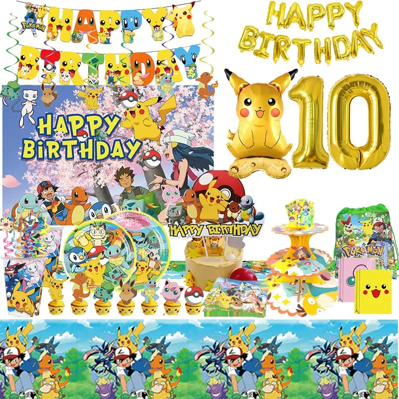 Pokemon Birthday Party Decoration Pikachu Theme Foil Palloncini In Lattice Stoviglie Tazze Piatti Sfondo Pary Forniture Per Bambini Ragazzi