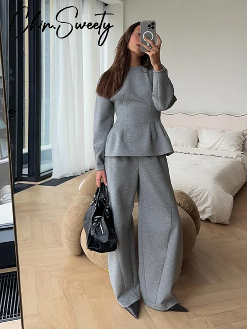 Ensemble tailleur-pantalon chic 2 pièces pour femme, haut uni à manches longues et col rond, veste plissée cintrée à la taille, pantalon large, collection Printemps 2026 1