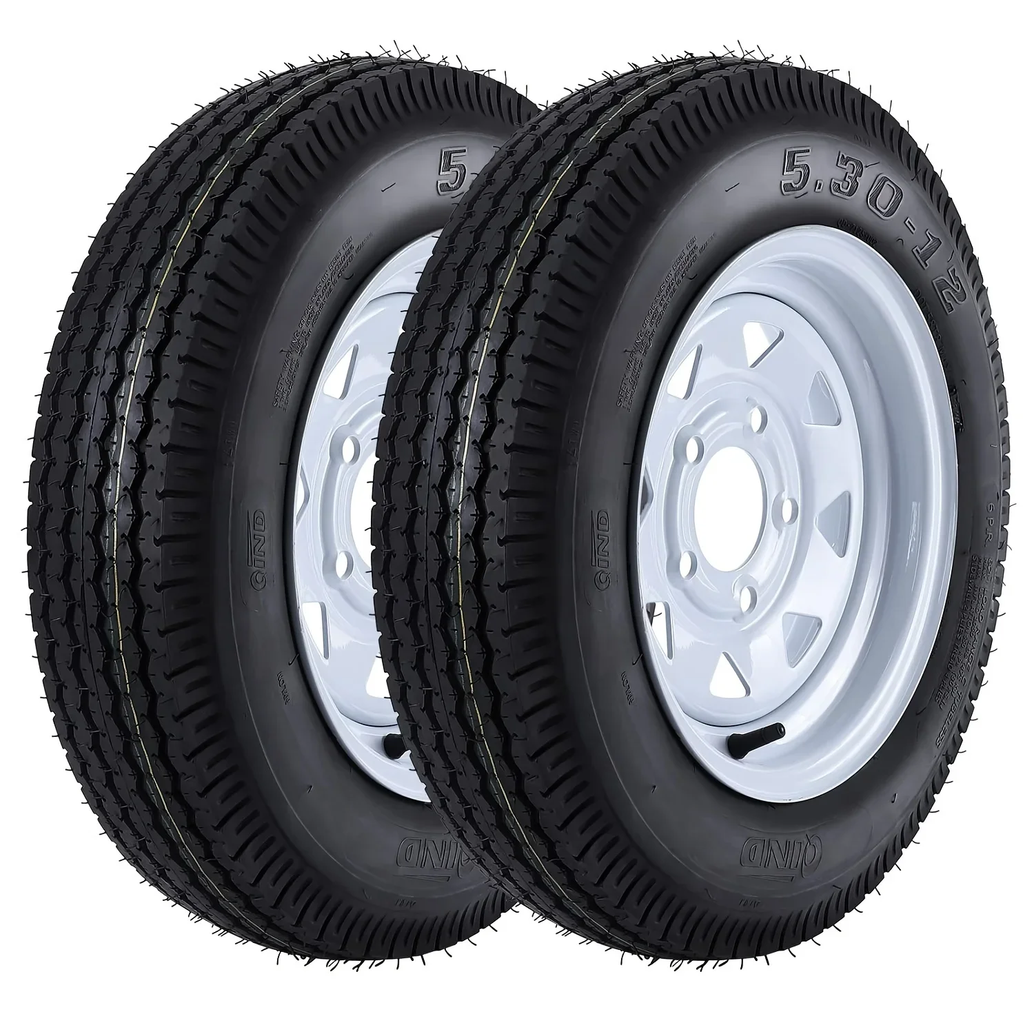 

Durable 5.30-12 Trailer Tires With 12" Rims, Set of 2, Load Range C, 1050 Lbs Capacity, 5 Lug On 4.5" Pattern, 5.30x12 530-12 Hi
