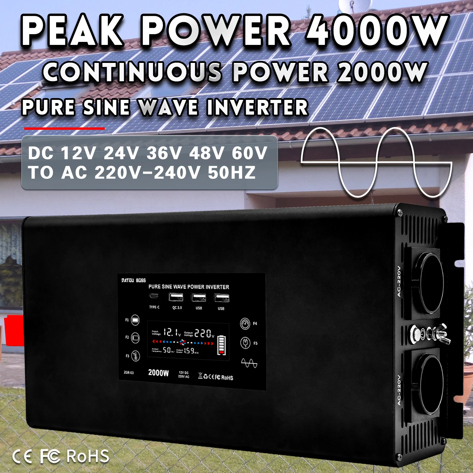 Inverter A Onda Sinusoidale Pura Inverter Di Potenza 4000W Dc 12V 24V 36V 48V 60V A Ac 220V 240V Inverter A Onda Sinusoidale Potenza Continua 2000W