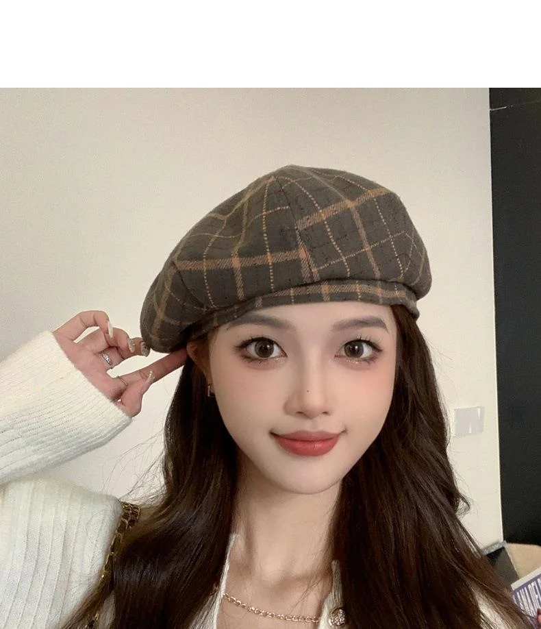 Plaid Beret Hat For Women British Retro Style Woolen Painter Cap_voghion.com