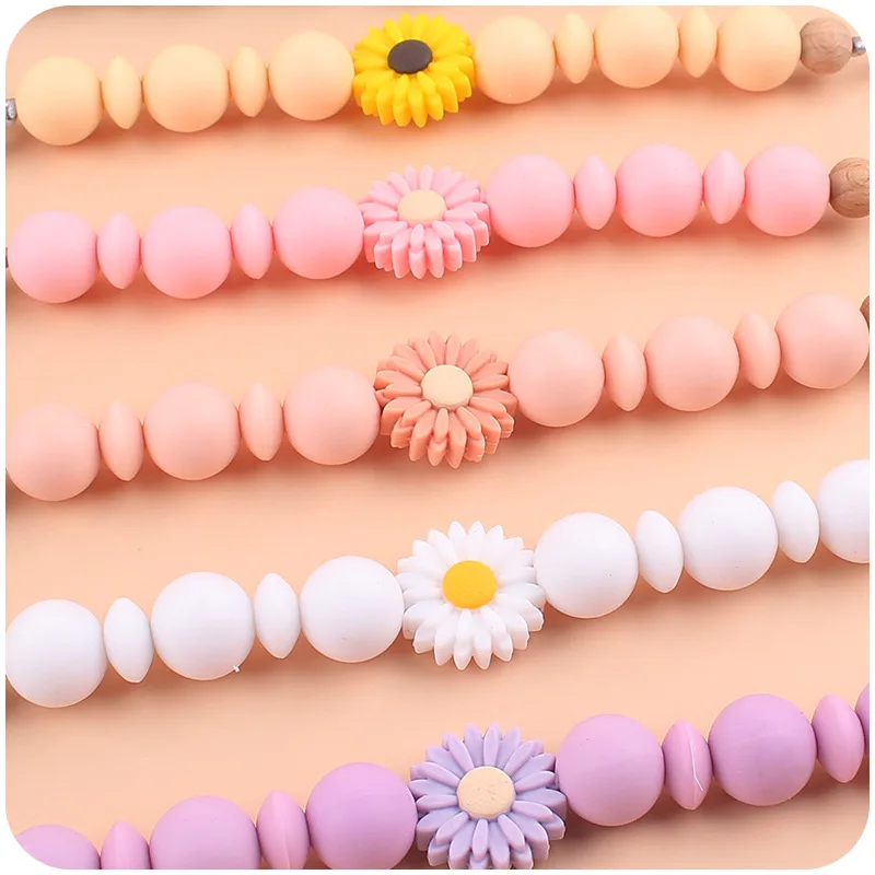 Handmade Silicone Flower Beads Baby Pacifier Chain Beech Wood Teether Nipple Clip For Baby Teething Nursing Chew Toy Shower Gift 4