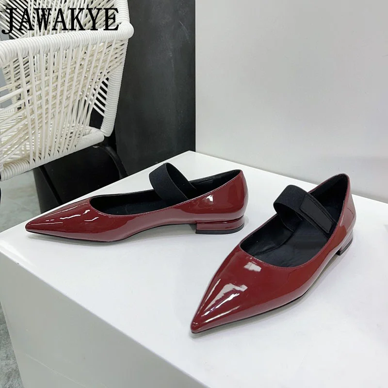 

Shiny Leather Red Mary Janes Elastic Strap Lazy Flat Loafers Shoes For Women Casual Pointed Toe Brand Mules Casual Office Shoes