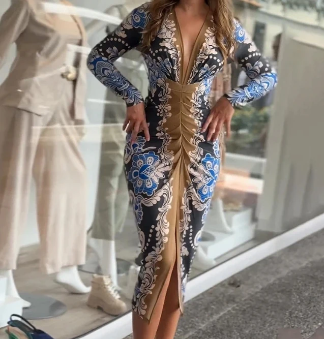 Bohemian Style Bell Sleeve Print V-Neck High-Waisted Resort Dress Floral Women'S Dress