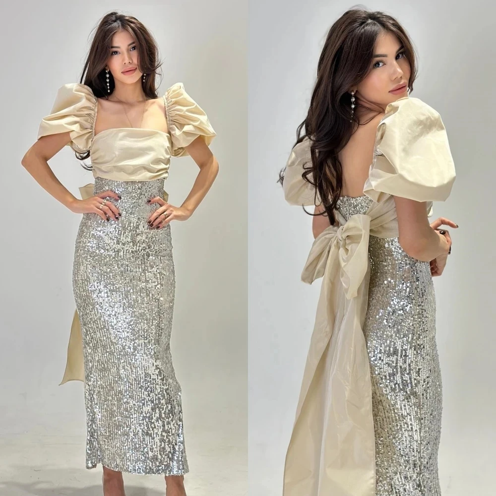 

Square Sheath Mermaid Formal Ocassion Gown Short Sleeves Paillette / Sequins Bows Shirred Anke length Satin Evening Dresses