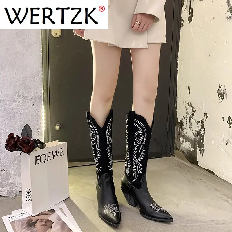 Women Cowboy Boots Pointed Toe Women's Shoes Embossing pu Leather Shoes Knee-High Boots Chunky Wedges shoes women knee boots