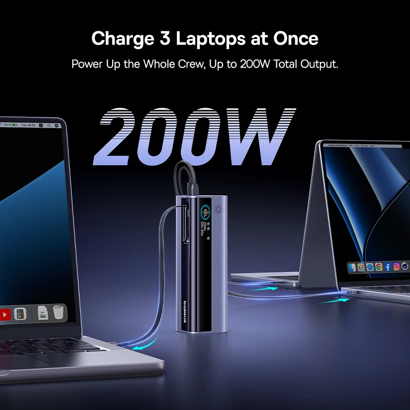 Baseus 200W 25000mAh Power Bank כפול כבלי USB-C נשלפים 4-מכשירים טעינה מהירה מטען סוללה חיצוני נייד למחשב נייד
