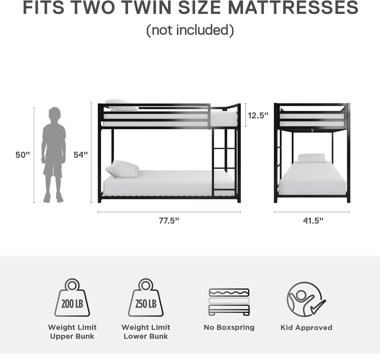 DHP Miles Low Metal Bunk Bed Frame for Kids, With Built-in Ladder, High Guardrail and Metal Slats, Floor Bed Bottom Bunk, No Box 3