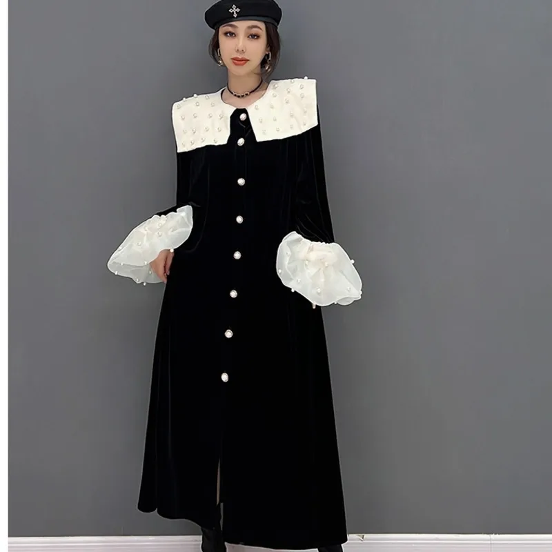 

2023 Spring Autumn Doll Collar Dress Loose Mid-length Beading Splicing Golden Velvet Temperament Dress
