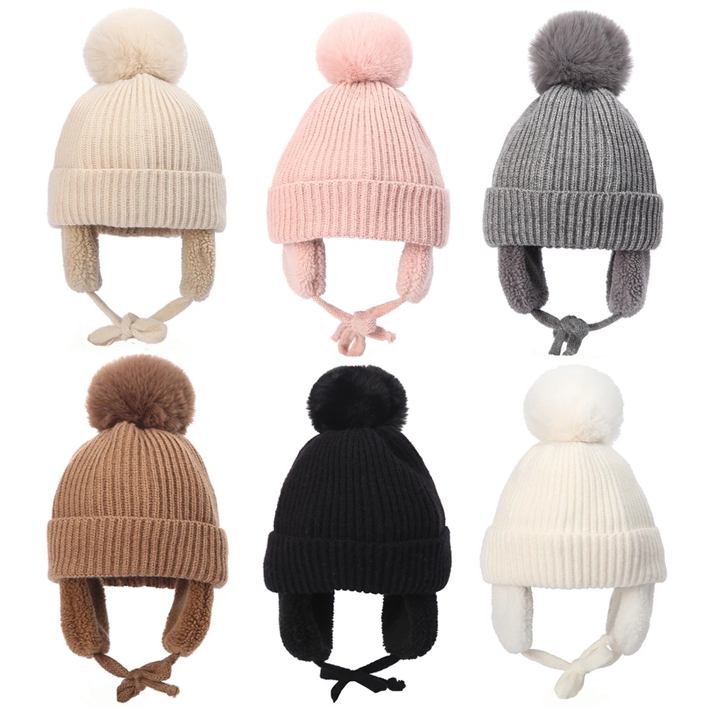 

Fur Ball Winter Baby Hat for Girls Boys Plush Lining Kids Beanie with Earflap Knitted Infant Bonnet Children Cap for Skiing 2-6Y