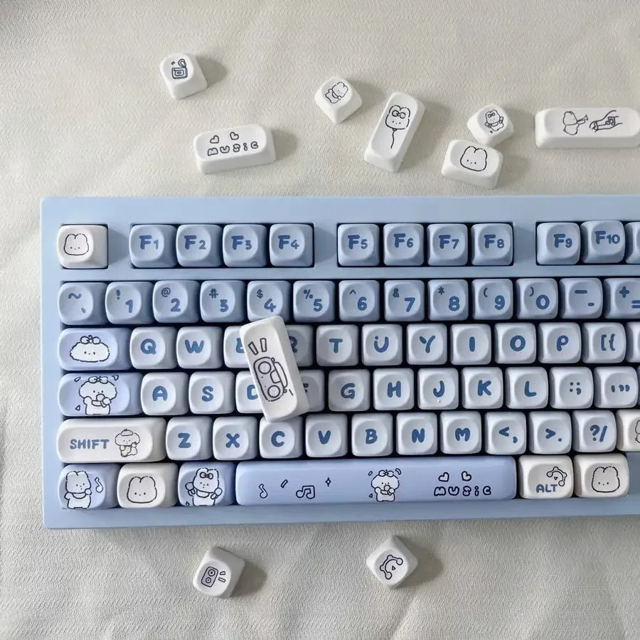 

112 ключей милый кролик мультфильм синий Keycap тема MOA PBT сублимационный шар Кепка подходит для 64 75 84 98 104 108 DIY клавиатуры Keycaps
