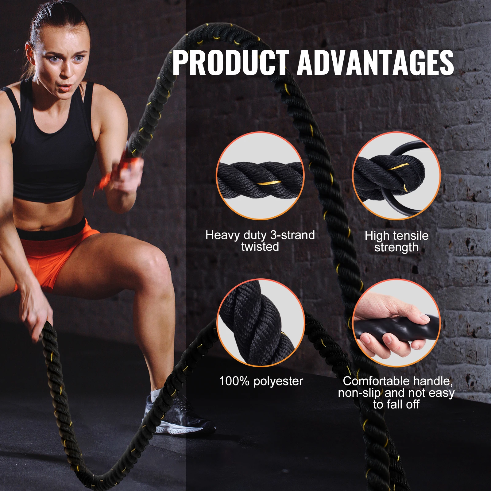 VEVOR Battle Rope 1.5 Inch Diameter 30Ft Length for Home Gym Body Workout Core Strength Training Muscle Building Fitness 3