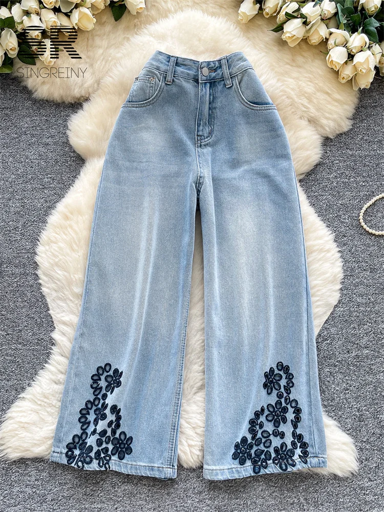 SINGREINY العرقية نمط الرجعية الجينز السيدات سستة التطريز الجوف خارج السراويل الطويلة 2025 الخريف عطلة عادية بنطال ذو قصة أرجل واسعة