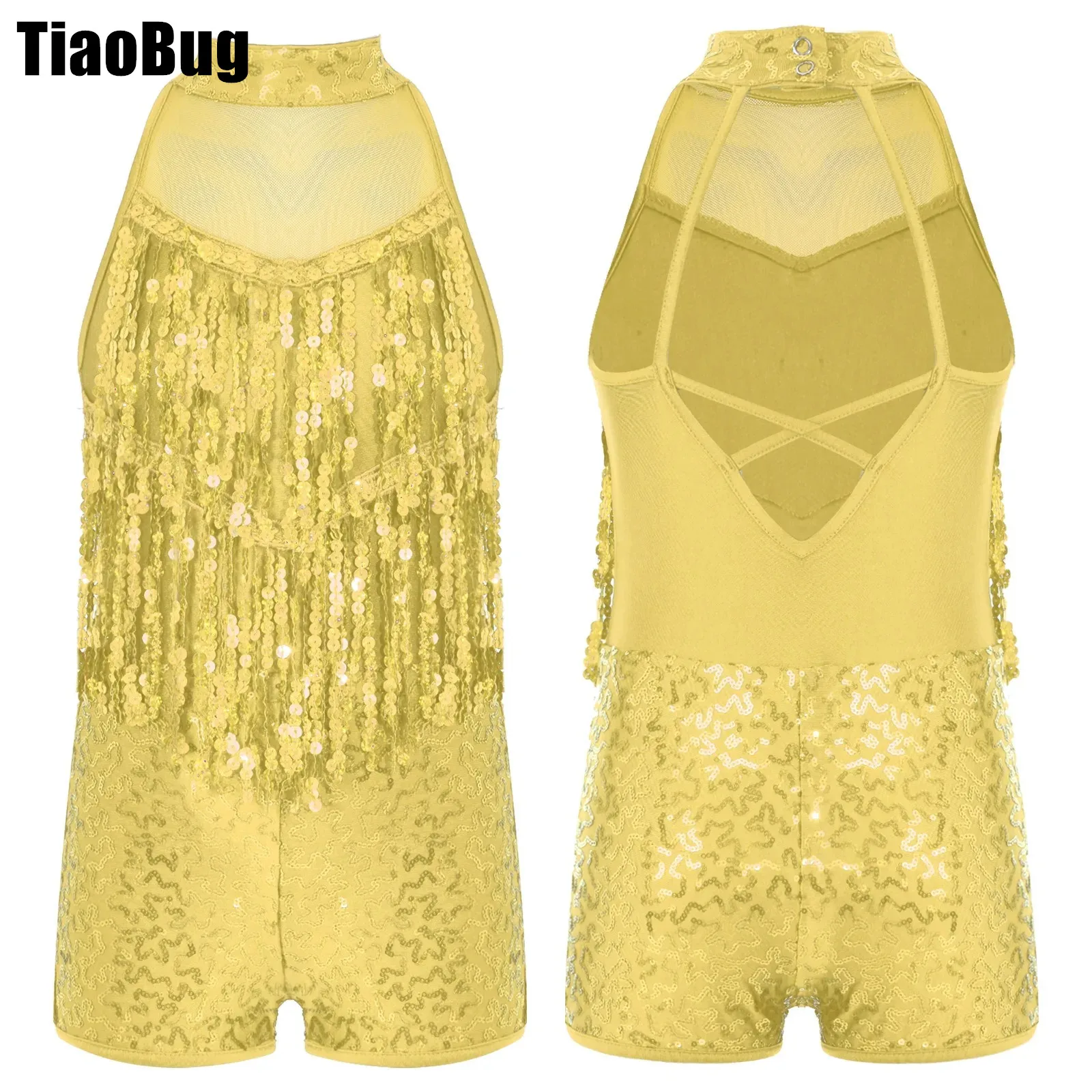 

Kids Girls Sequins Jazz Leotards Shiny Tassel Decorated Sleeveless Round Collar Crisscross Straps Hollow Back Dance Wear