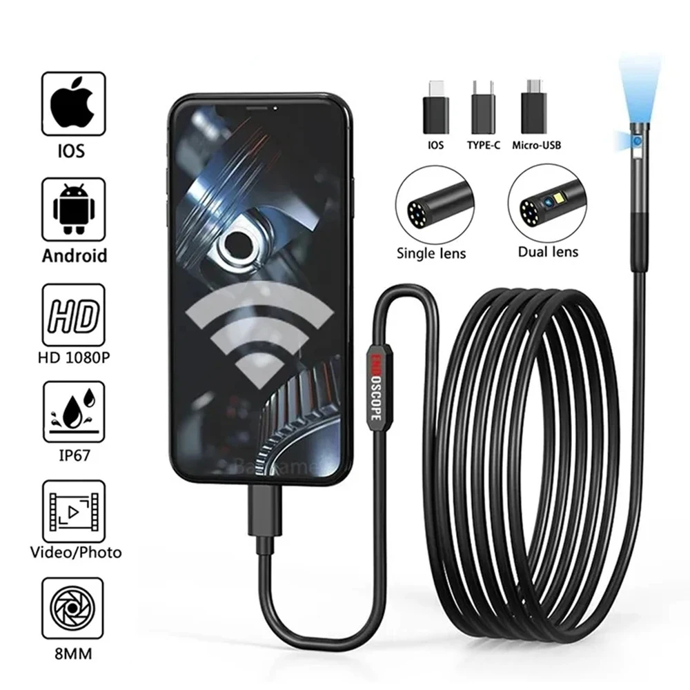Single/Dual Lens Wifi Endoscope Camera inspection camera mini endoscope camera Android Mini Car Inspection Waterproof Pipeline Borescope for Iphone IOS Type C