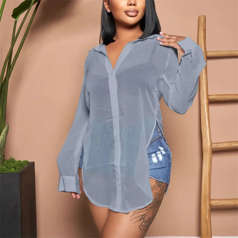 New Sexy See-through Chiffon Blouse Women Short Bikini Cover-ups Sun Protective Coverall Female Casual Lapel Cardigan Beachwear