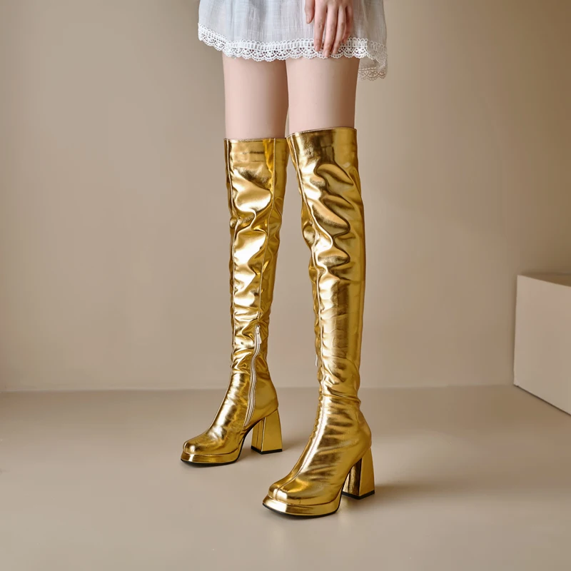 Plus Size Metal Gold Microfiber Women's Over The Knee High