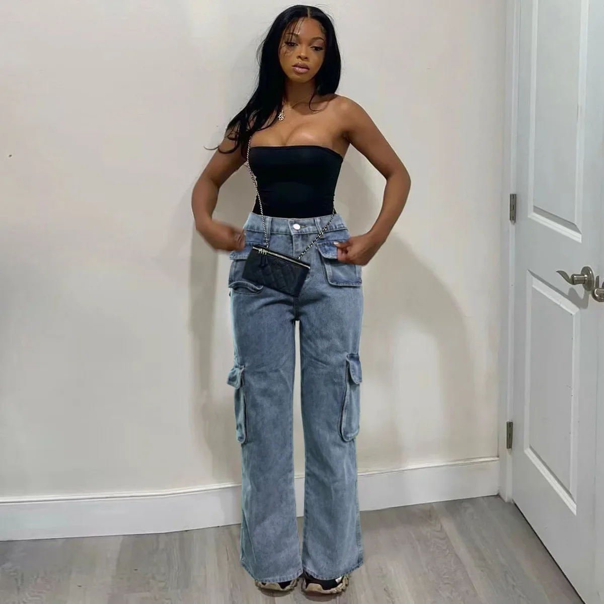 

Spring Summer Fashion Casual Multi-Pocket Straight Zipper Denim Pants Women Y2K Vintage High Waist Button Trousers Streetwear