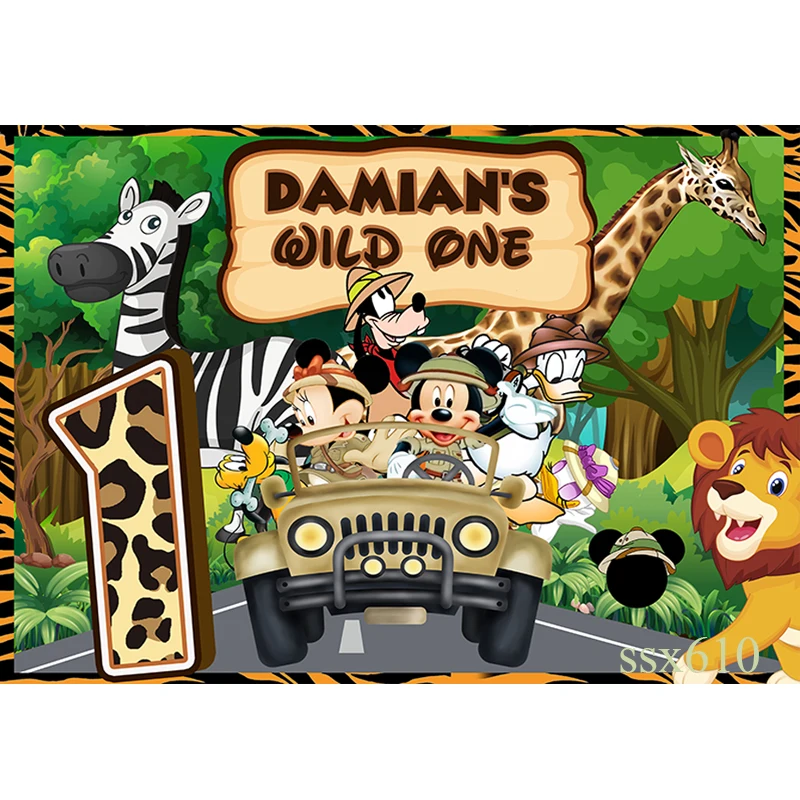 Forest Safari Jungle Boys Birthday Party Backdrop Disney Mickey Minnie Animals Kids Wild One Photography Background Customized