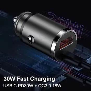 30W Car Cigarette Lighter Charger USB Type C Car Charger PD3.0 Mini Metal Dual USB Fast Charging Adapter
