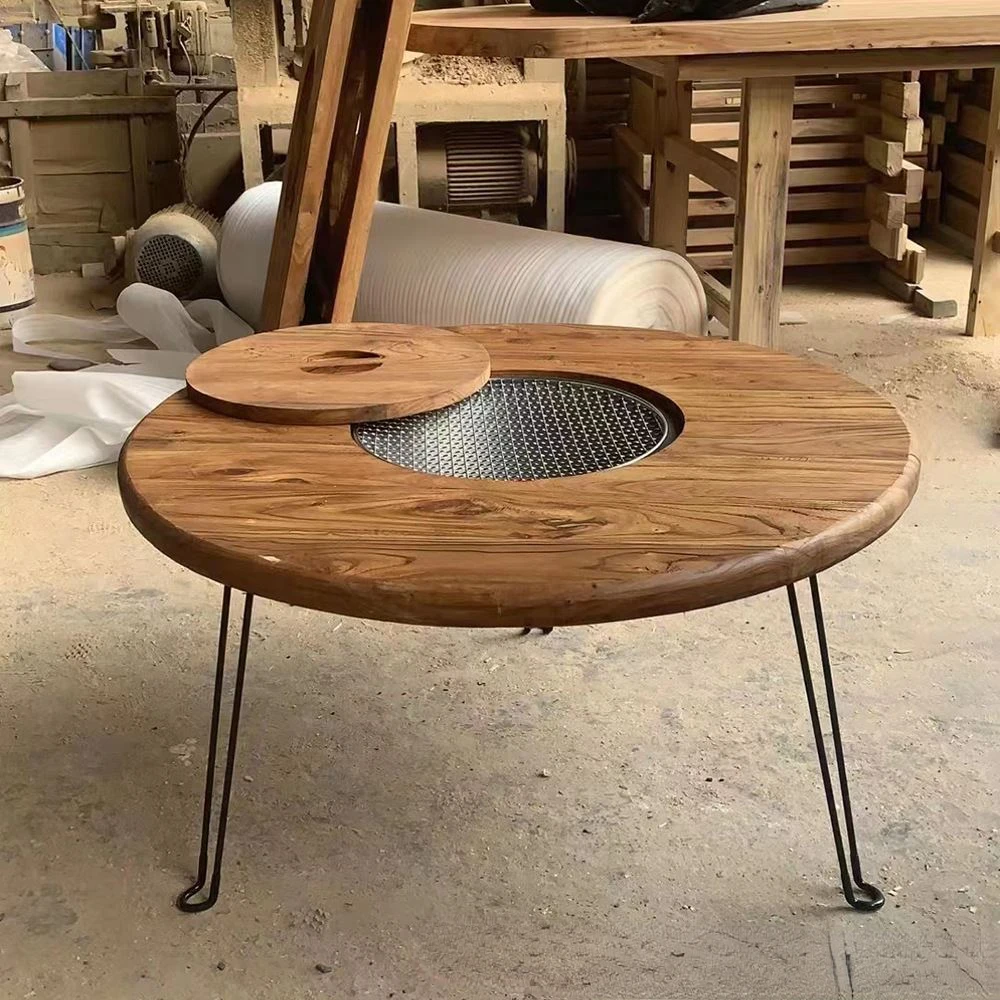 

Old elm charcoal fire stove table balcony home tea table small round table winter heating pot table charcoal fire table