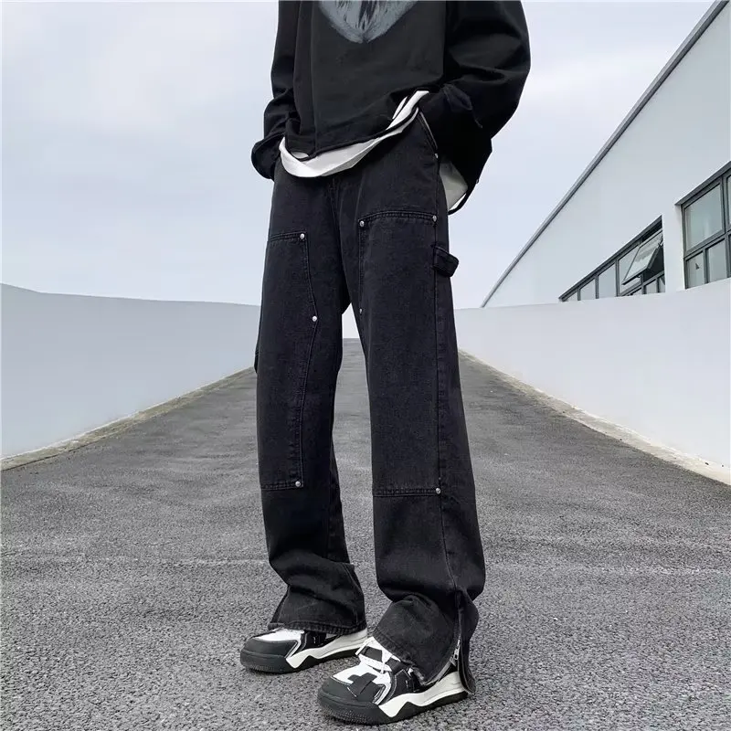 

2023 Vibe Style Ankle Zipper Black Baggy Men Cargo Jeans Pants Straight Luxury Hip Hop Cotton Vintage Long Trousers Ropa Hombre