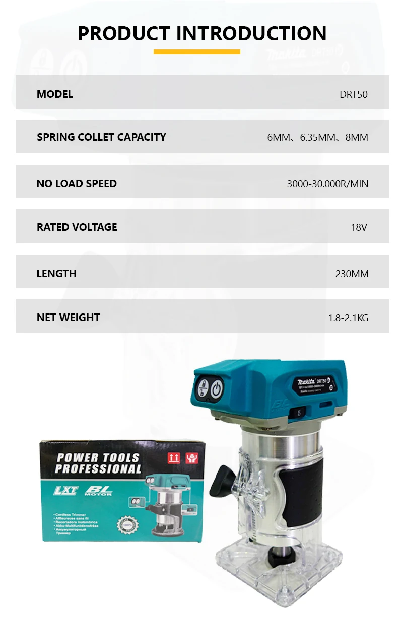 Wood Router Plunge Router Makita DRT50 18v Woodworking Electric Trimmer Brushless Trimming Machine Milling Engraving Slotting Machine tools