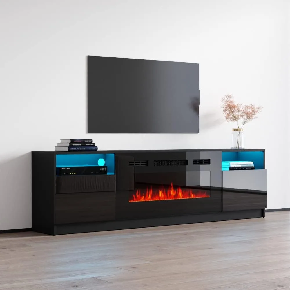 TV Stand with Electric Fireplace - Modern High Gloss TV Stand with Storage Cabinets and Led Lights 2