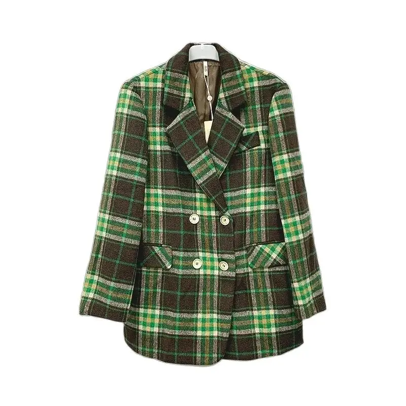 

2023 Stylish Lapel Green Plaid Woolen Blazers Coat For Women's Clothing Spring Autumn New Slim Blazer Suit Jackets Female Top 84
