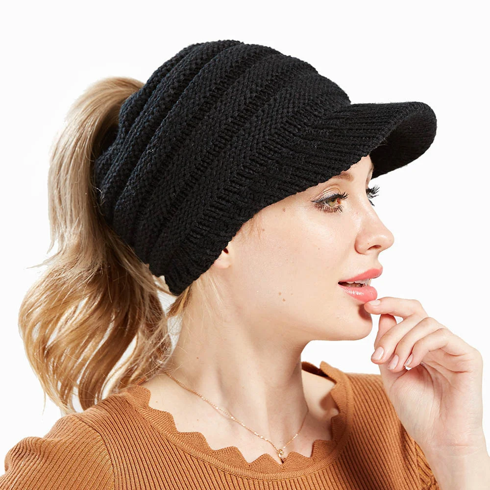 

Hats Exclusives Beanie Warm Chunky Cable Knit Messy Bun Hat Ponytail Beanie Cap Women's Ribbed Knit Hat with Brim