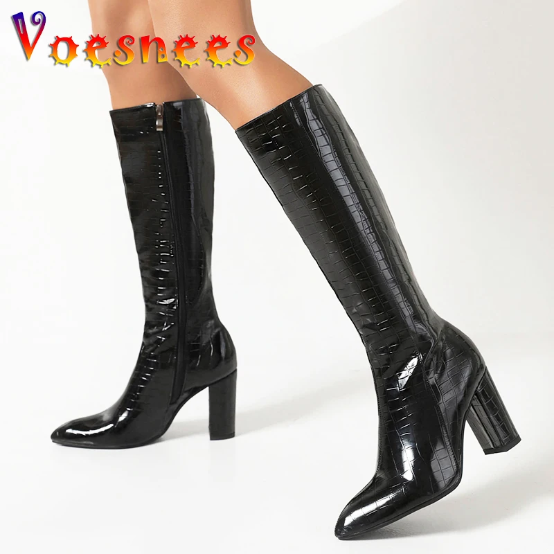 

2023 Autumn And Winter New Knee-High Long Boots 8.5CM Women Square Heel Party Shoes Fashion Crocodile Patterned Zip High Heels