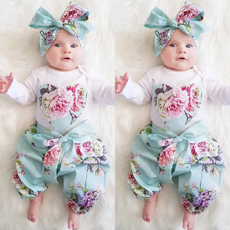 

Fashion Spring Autumn Girls Long Sleeved Heart-shaped Floral Jumpsuit Climbing Suit Romper Three Piece Childrens Clothing Set