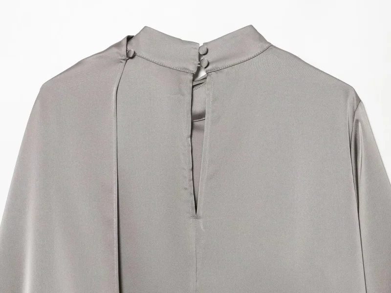 ETJ 2026 Frühjahr neues Damen-elegantes Mode-Schal-Design, Satin-Drape-Top, asymmetrisches, faltiges Langarm-Shirt – Detail 12