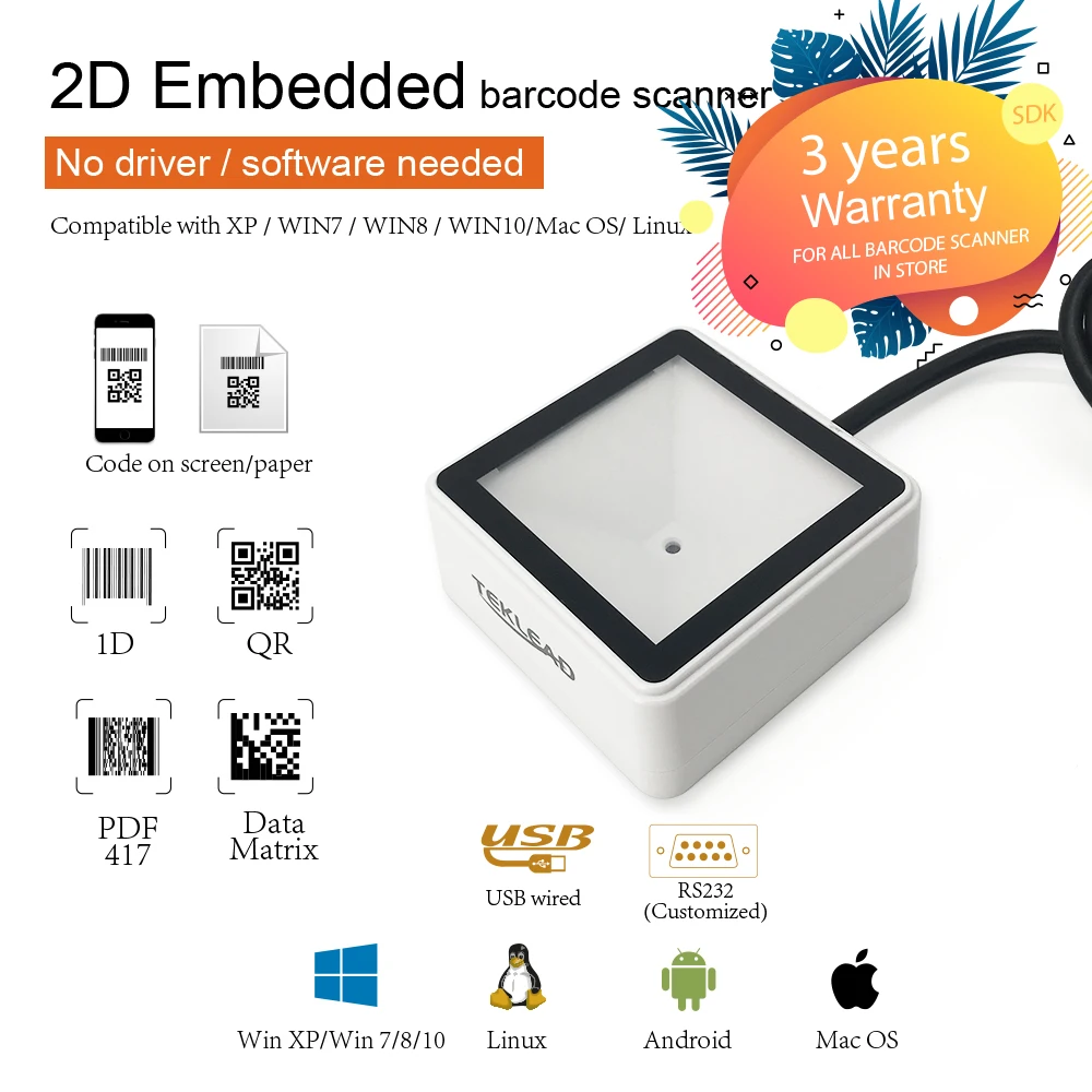 TEKLEAD USB Barcode Scanner 2D MIni QR Code Reader Automatic Scan Module for Mobile Payment Self-service Cinema Ticket Machine